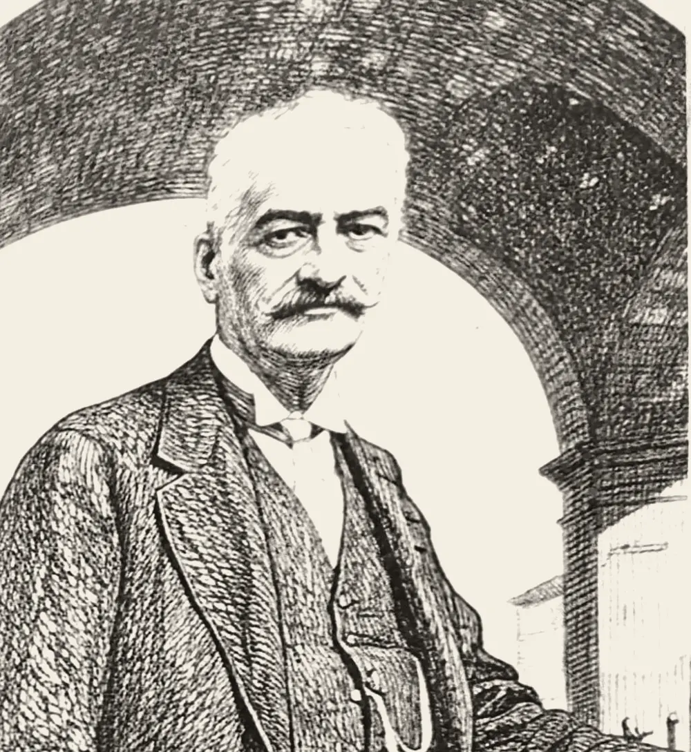 An engraved portrait of Cesare Mannelli: white hair, moustache, jacket and waistcoat with a watch chain, beneath an arch